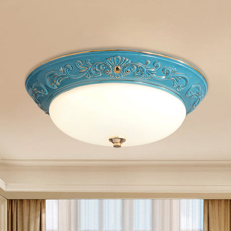 Antiqued White Glass Led Flush Mount Light For Bedroom Oblong Shape With Yellow/Blue/Light Blue