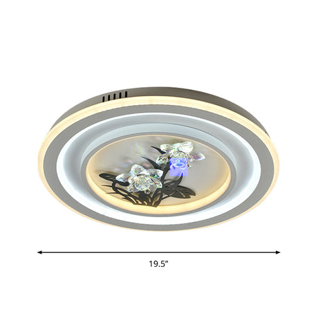 Contemporary Led Metal Ceiling Fixture: White Round/Square Flush Mount Lamp With Crystal Flower Deco