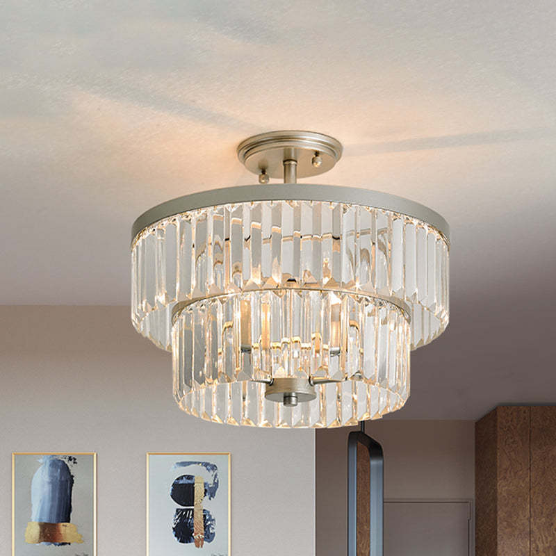 Crystal 2 - Tier Cylinder Semi Flush Light - Modern Ceiling Lamp For Dining Room