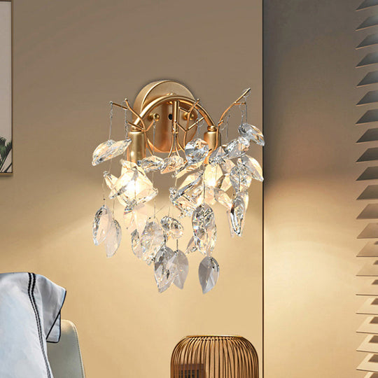 Modern Crystal Leaf Wall Sconce With Gold Finish - 2 Bulbs For Porch Lighting