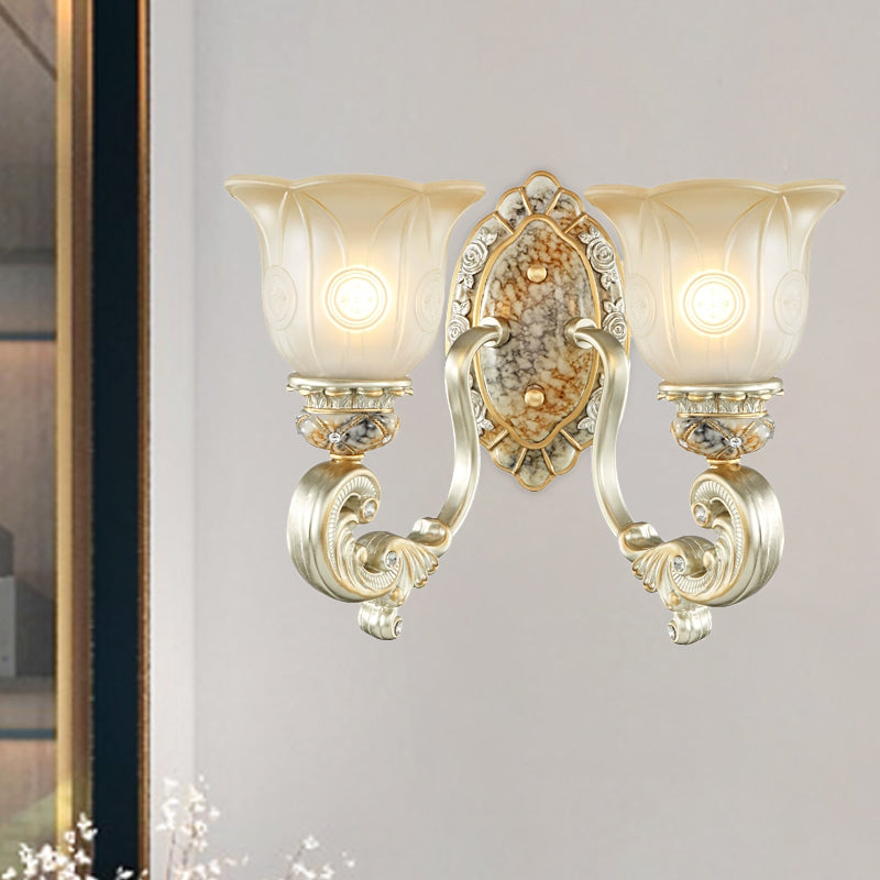 Classic Scalloped Wall Light Fixture With White Glass 1/2-Light Mount In Gold - Perfect For Bedrooms