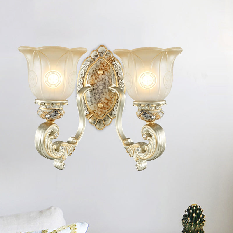 Classic Scalloped Wall Light Fixture With White Glass 1/2-Light Mount In Gold - Perfect For Bedrooms