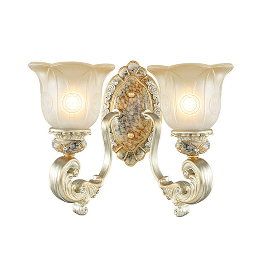 Classic Scalloped Wall Light Fixture With White Glass 1/2-Light Mount In Gold - Perfect For Bedrooms
