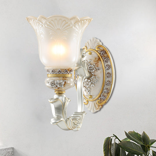 Vintage Floral Wall Lamp Kit With Frosted Glass Shade For Living Room Sconce Light In White-Gold 1 /