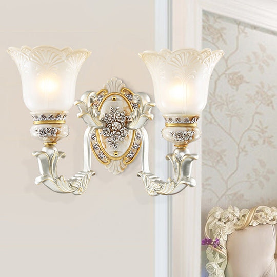 Vintage Floral Wall Lamp Kit With Frosted Glass Shade For Living Room Sconce Light In White-Gold