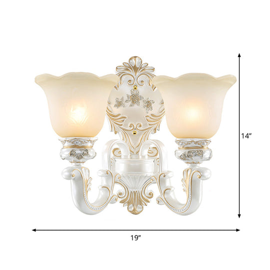 Classic Scalloped-Trim Wall Light With Frosted Glass - White-Gold Finish