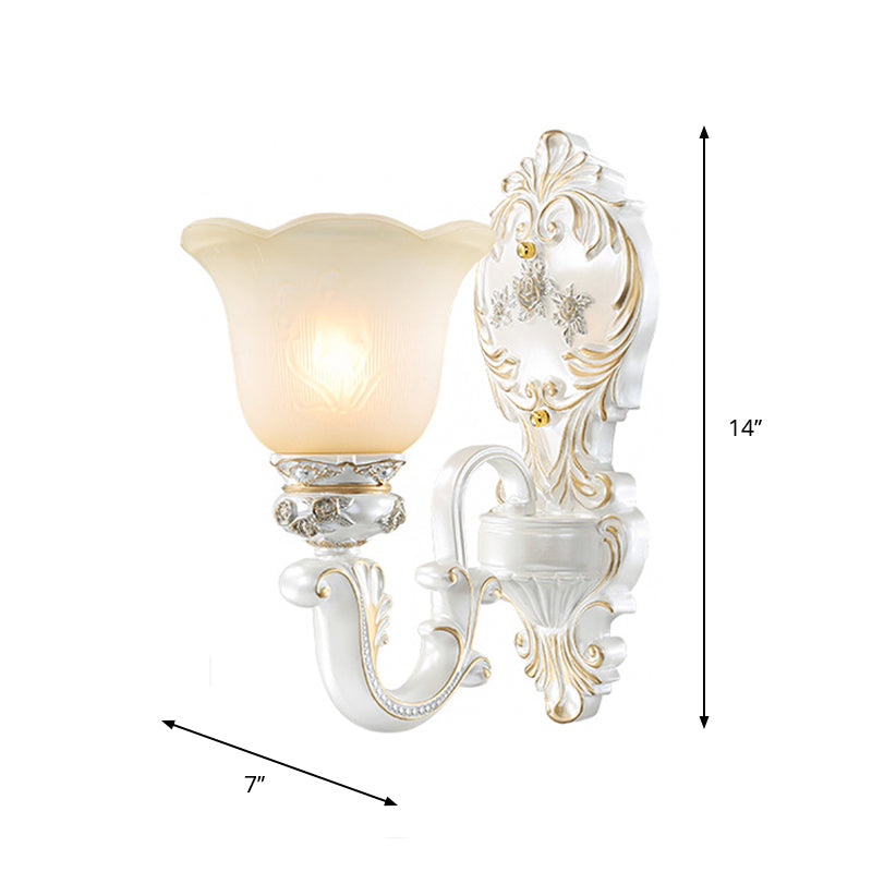 Classic Scalloped-Trim Wall Light With Frosted Glass - White-Gold Finish