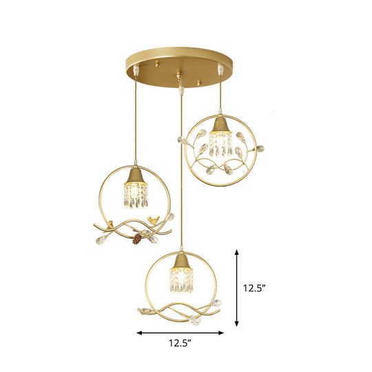 Modern Gold Crystal Pendant - 3 Bulb Cylindrical Dining Room Hanging Lamp Kit