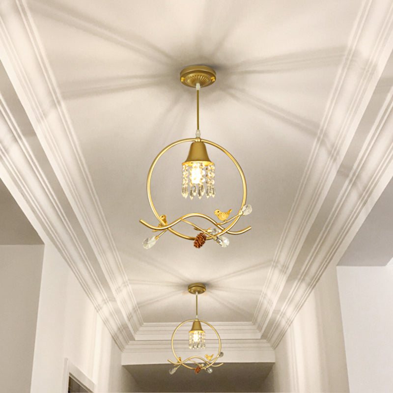 Modern Crystal Bird/Flower Sleep Room Suspension Light With Gold Hanging Lamp Kit - 1 Bulb