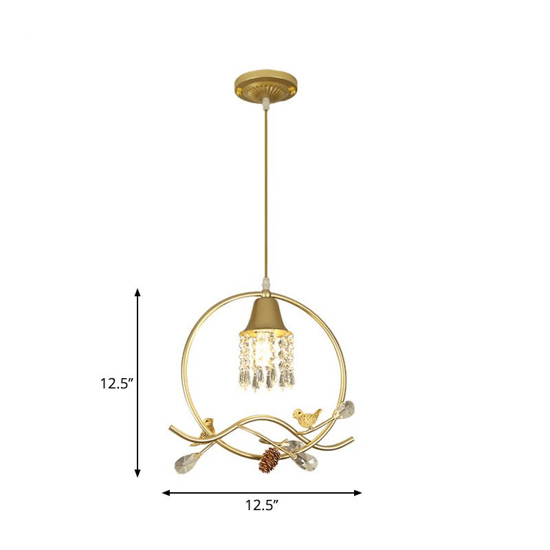 Modern Crystal Bird/Flower Sleep Room Suspension Light With Gold Hanging Lamp Kit - 1 Bulb