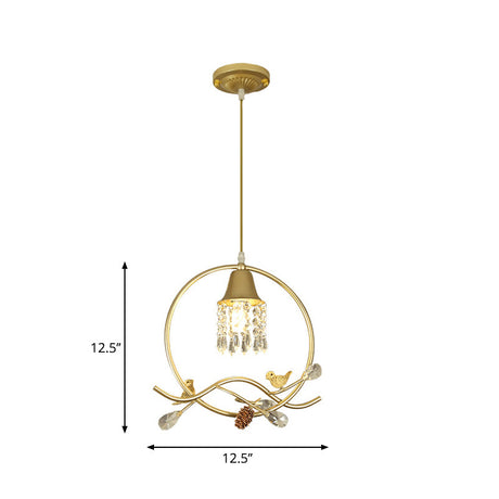 Modern Gold Bird And Flower Crystal Suspension Light With 1 Bulb
