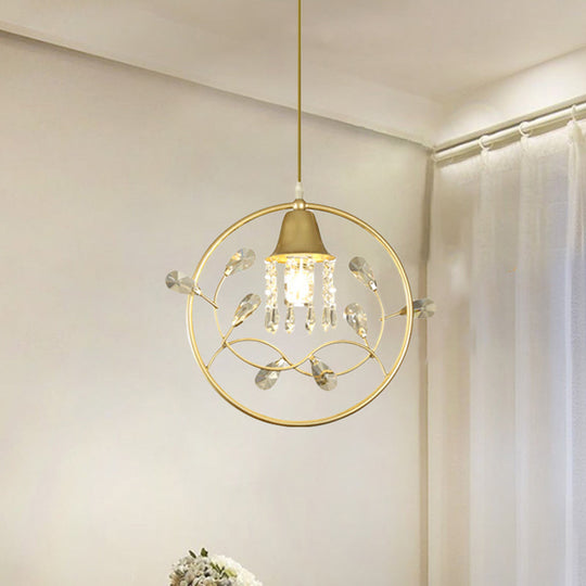 Modern Gold Bird And Flower Crystal Suspension Light With 1 Bulb /