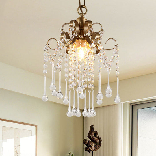 Modern Gold Curved Pendant Light With Crystal Beads - Bedchamber Ceiling Suspension Lamp