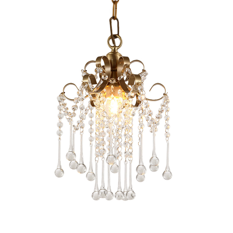 Modern Gold Curved Pendant Light With Crystal Beads - Bedchamber Ceiling Suspension Lamp