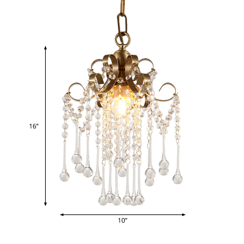 Modern Crystal Beads Pendant Ceiling Lamp - Gold Curved Design 1 Bulb Suspension For Bedchamber