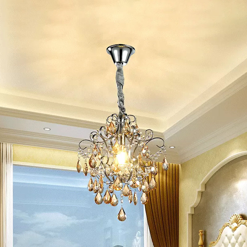 Silver Crystal Teardrop Swirling Arm Hanging Pendant - Modern 1 Head Dining Hall Suspension Light