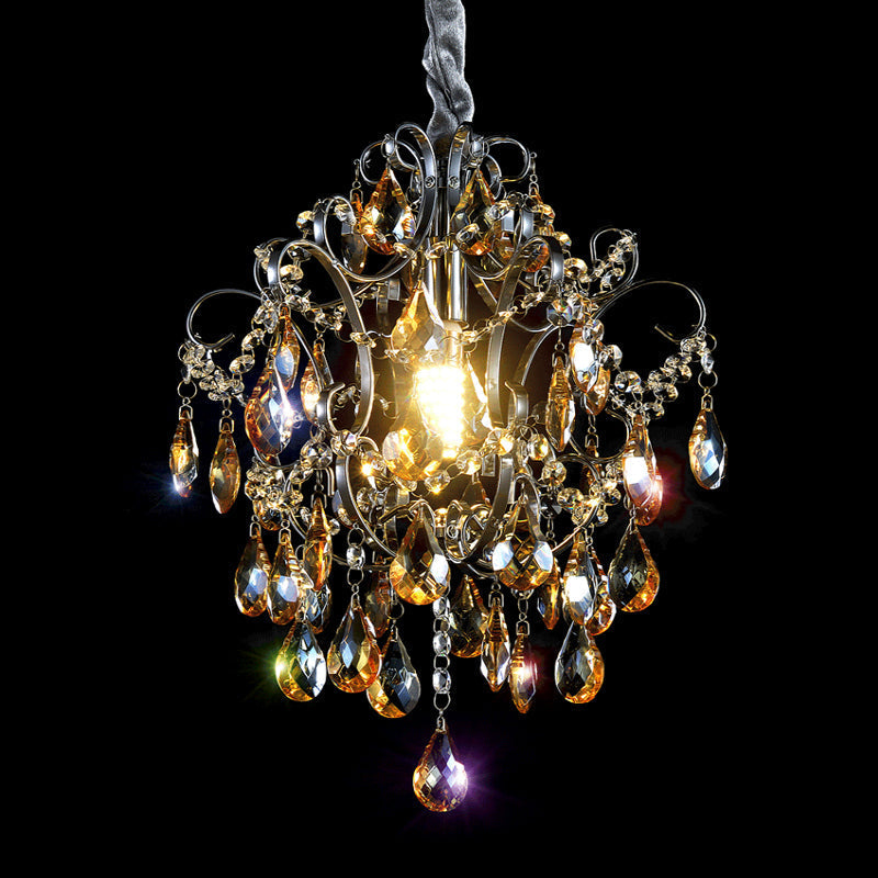 Silver Crystal Teardrop Swirling Arm Hanging Pendant - Modern 1 Head Dining Hall Suspension Light