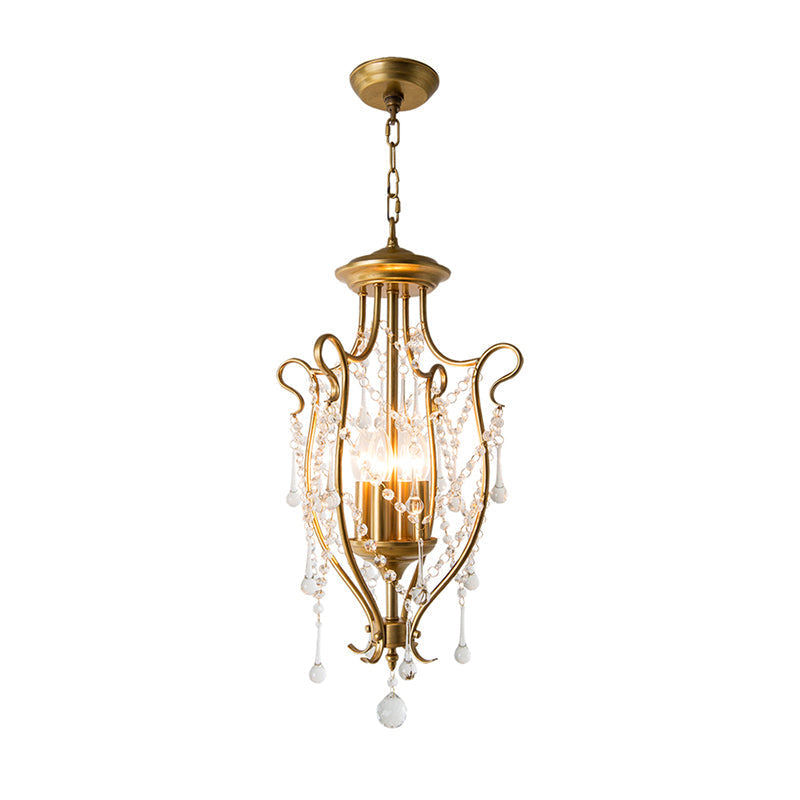 Swirled Iron Suspension Pendant With 4 Heads And Crystal Stands - Modern Brass Swag Lamp For Dining