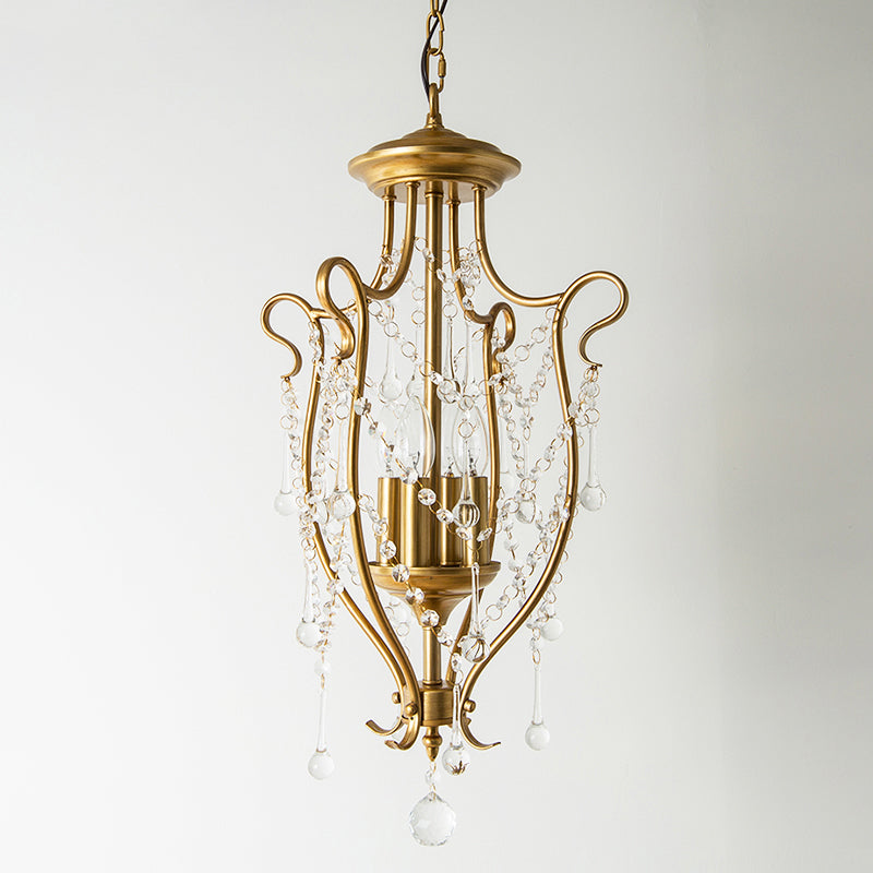 Swirled Iron Suspension Pendant With 4 Heads And Crystal Stands - Modern Brass Swag Lamp For Dining