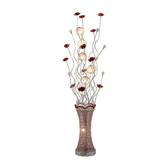 Stylish Led Vine Floor Lamp In Red - Pleated Vase Design Aluminum Construction Perfect For Reading