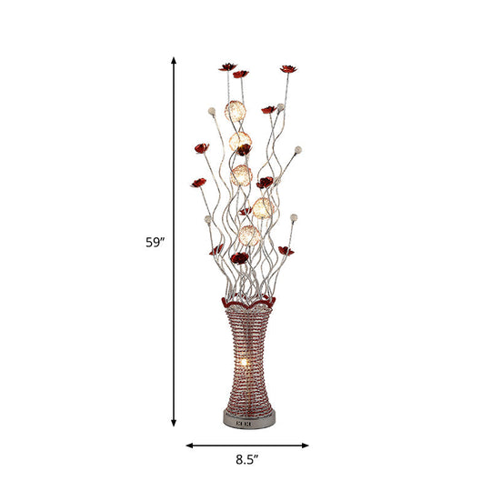 Stylish Led Vine Floor Lamp In Red - Pleated Vase Design Aluminum Construction Perfect For Reading