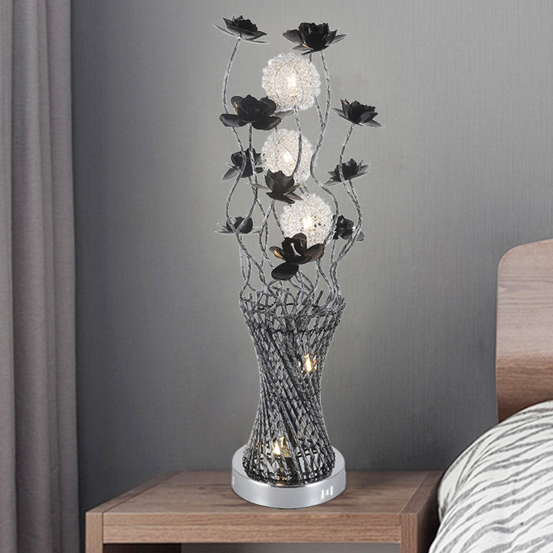 Martina - Cylinder Led Vine Night Light Art Decor Black-Silver Metal Table Lighting With Blossom