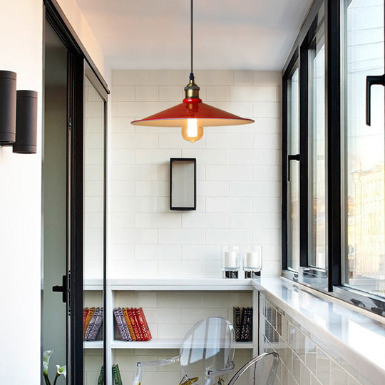 Vintage-Style Red Flared Shade Pendant Light For Bedroom Ceiling 1-Light Fixture With 12’/14’