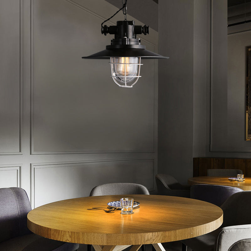 Nautical Wire Cage Restaurant Hanging Lamp With Saucer Shade - Black Ceiling Pendant