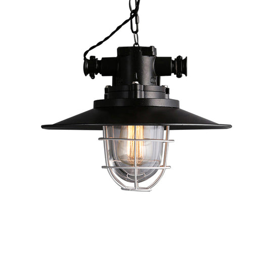Nautical Wire Cage Restaurant Hanging Lamp With Saucer Shade - Black Ceiling Pendant