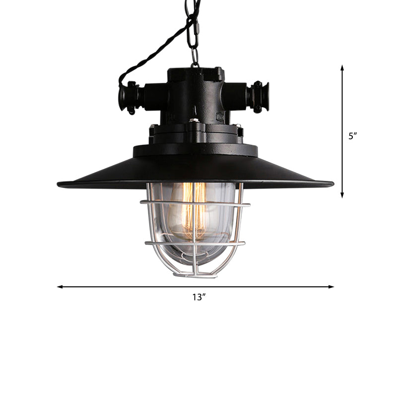Nautical Wire Cage Restaurant Hanging Lamp With Saucer Shade - Black Ceiling Pendant