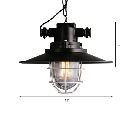 Nautical Wire Cage Restaurant Hanging Lamp With Saucer Shade - Black Ceiling Pendant
