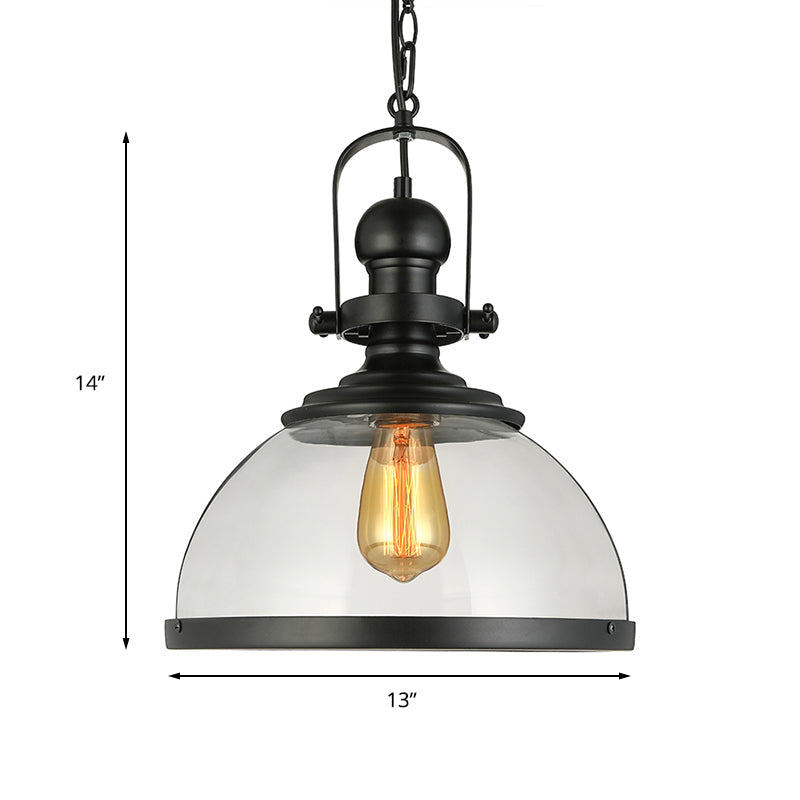 Industrial Style Single-Led Pendant Light: Black Clear Glass Lantern For Dining Room
