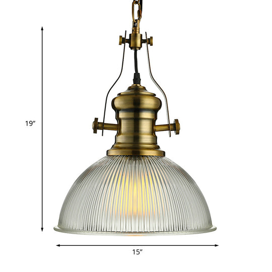 Industrial Dome Pendant Light - 12’/15’ Wide Ribbed Glass Brass Dining Room