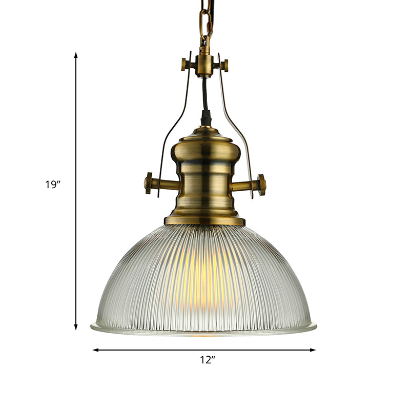 Industrial Dome Pendant Light - 12’/15’ Wide Ribbed Glass Brass Dining Room