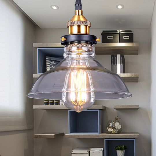 Industrial Dome Pendant Light - Single-Bulb Brass Hanging Lamp With Brown/Clear Glass