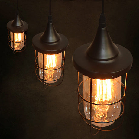 Farmhouse Style Black Caged Glass Pendant Ceiling Light For Living Room