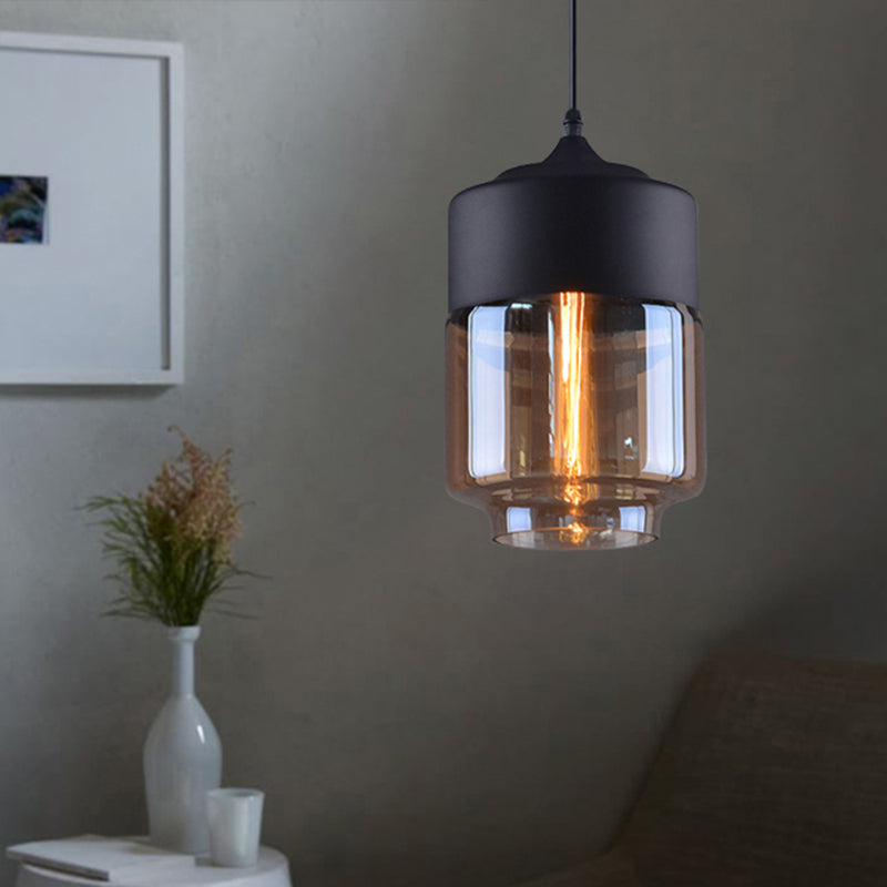Industrial Cylinder Pendant Light With Brown Glass Shade - 1-Light Hanging Ceiling Fixture In Black