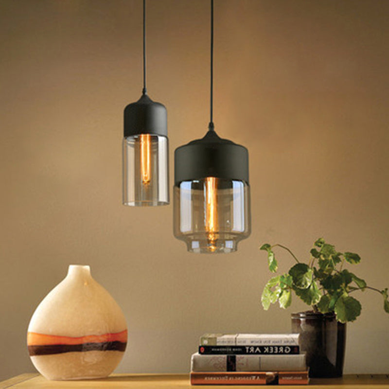 Industrial Cylinder Pendant Light With Brown Glass Shade - 1-Light Hanging Ceiling Fixture In Black