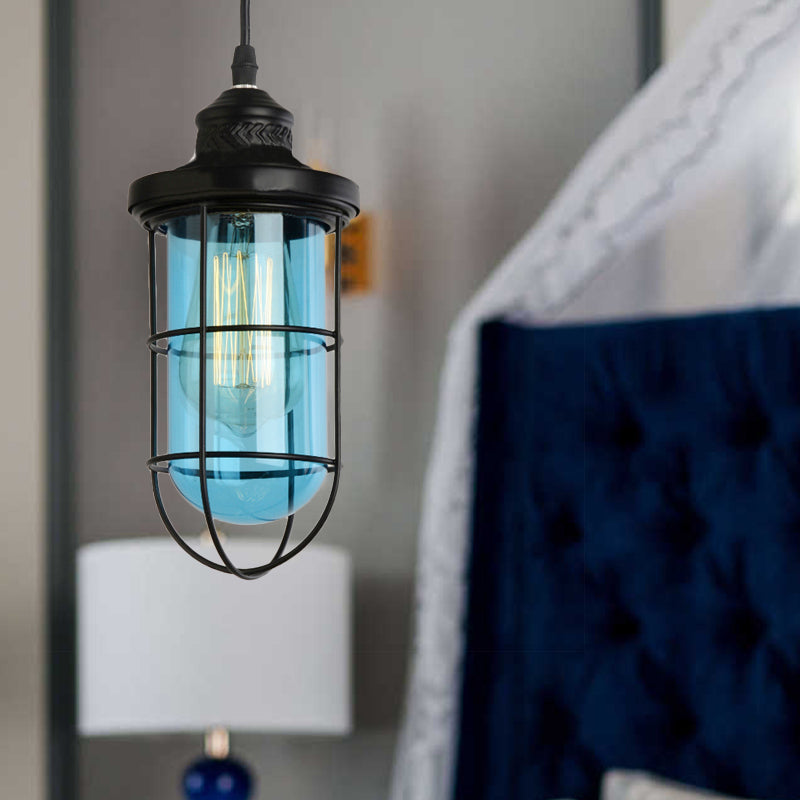 Vintage Black Single-Bulb Pendant Ceiling Light Fixture With Yellow/Green/Clear Glass Cage For