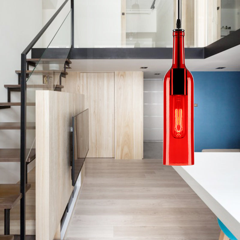 Vintage Industrial Glass Bottle Hanging Lamp - Blue/Brown With Adjustable Cord Red