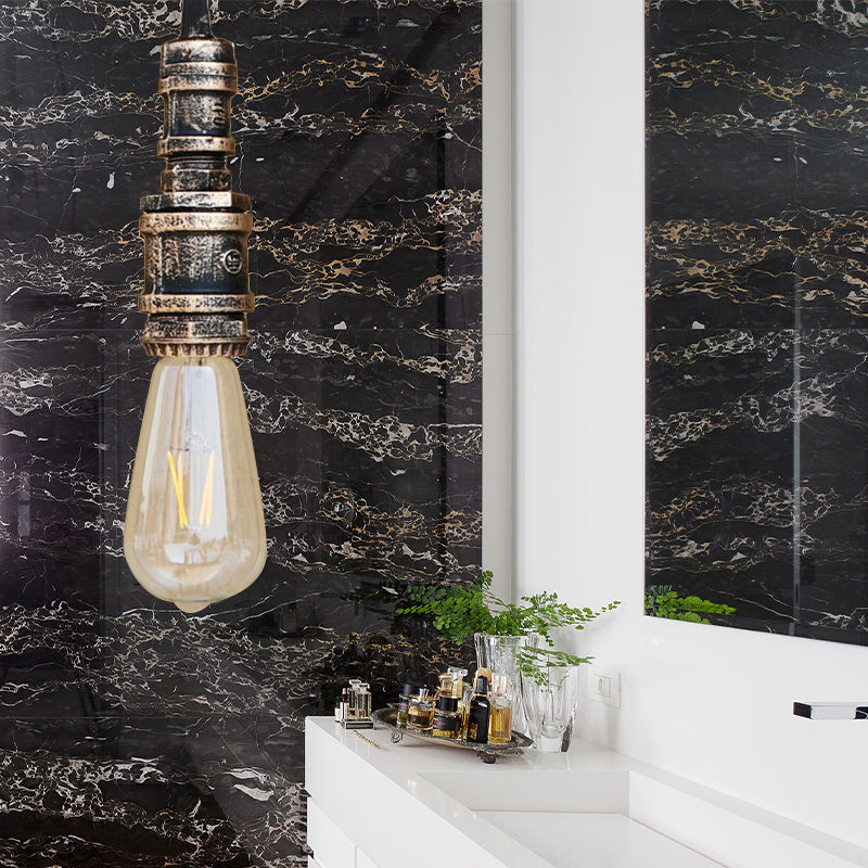 Rustic Black/Silver Wrought Iron Bare Bulb Hanging Light Fixture With Pipe - Bathroom Ceiling