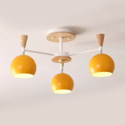 Nordic Style Wood And Metal Ceiling Light 3-Light Semi Flush Mount With Orb Shade For Kids Bedroom
