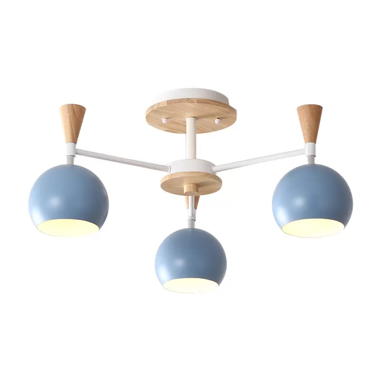 Nordic Style Wood And Metal Ceiling Light 3-Light Semi Flush Mount With Orb Shade For Kids Bedroom