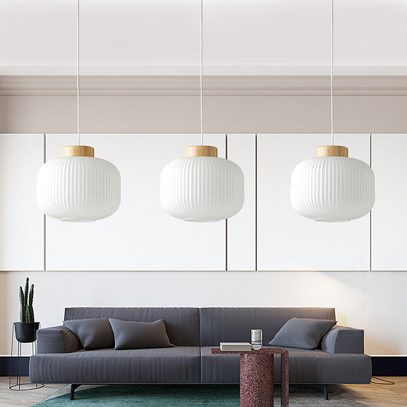 Modern 1-Light Milk Glass Ribbed Cylinder Pendant Light For Restaurants - 5.5 8 12 Diameter White
