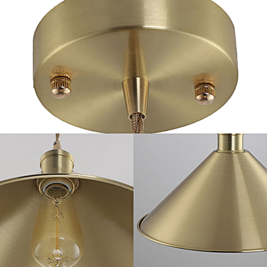 Industrial Cone Metal Hanging Light Fixture With Adjustable Brass Cord - 7’/9.5’ W Ideal For