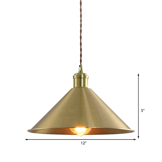 Industrial Cone Metal Hanging Light Fixture With Adjustable Brass Cord - 7’/9.5’ W Ideal For