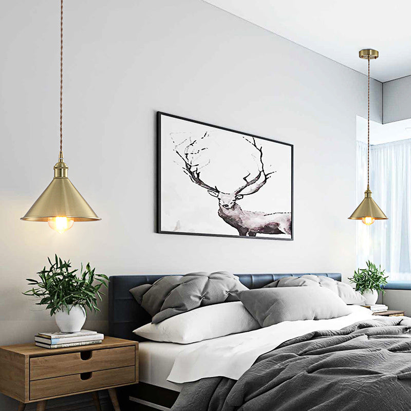 Industrial Cone Metal Hanging Light Fixture With Adjustable Brass Cord - 7’/9.5’ W Ideal For