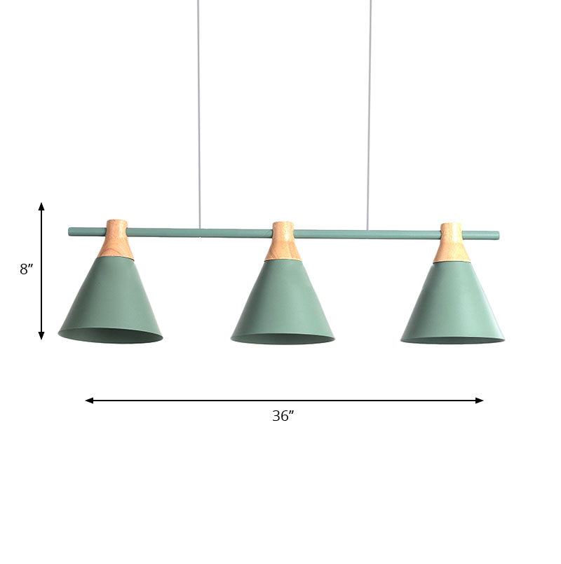 Nordic Metal Hanging Chandelier - Triple Light Cone Shade In Green/Grey/Yellow Perfect For Kitchen