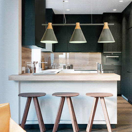 Nordic Metal Hanging Chandelier - Triple Light Cone Shade In Green/Grey/Yellow Perfect For Kitchen