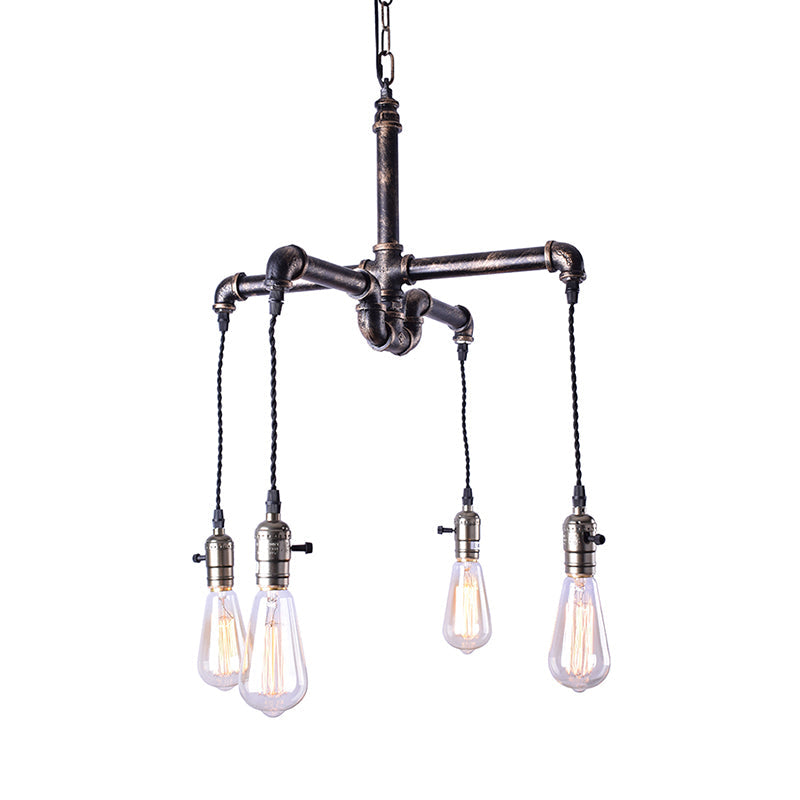 Rustic Water Pipe Ceiling Light With 4 Bulbs - Antique Bronze/Black Wrought Iron Chandelier Lamp